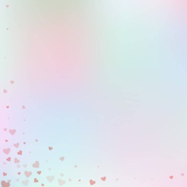 Kırmızı kalp konfetileri sever. Sevgililer Günü 'nün dramatik geçmişi. Gradyan arka planda şeffaf kalp konfetileri düşüyor. Büyüleyici vektör çizimi.