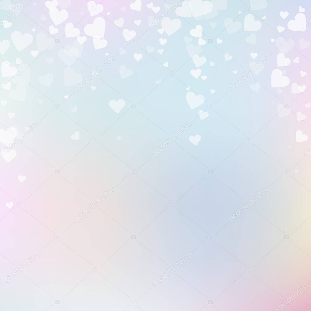 White heart love confettis. Valentine's day falling rain lovely background. Falling transparent hearts confetti on pinkish background. Cool vector illustration.