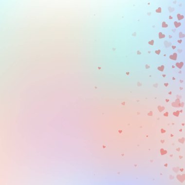 Kırmızı kalp konfetileri sever. Sevgililer Günü gradyan merakı. Şeffaf kalp konfetileri yumuşak arka planda. Egzotik vektör illüstrasyonu.