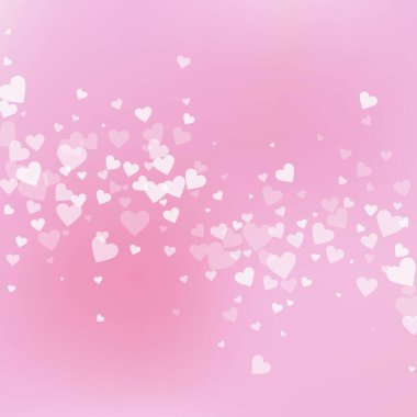 Beyaz kalp konfetileri sever. Sevgililer Günü 'nün yağışlı ve parlak bir geçmişi var. Şeffaf kalp konfetileri yumuşak arka planda. Cool vektör illüstrasyonu.