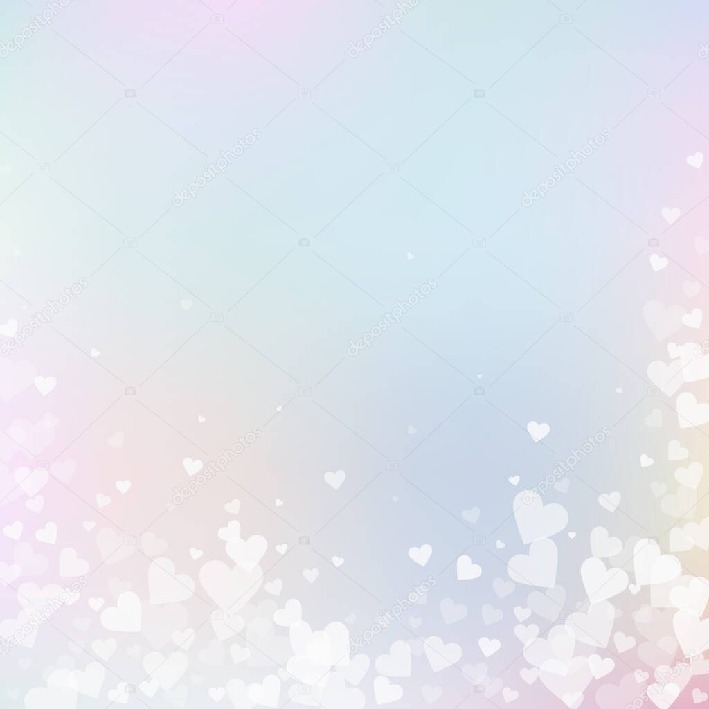 White heart love confettis. Valentine's day falling rain fantastic background. Falling transparent hearts confetti on delicate background. Creative vector illustration.