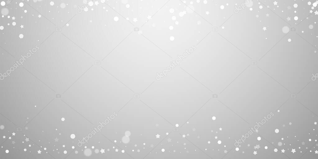 Magic stars random Christmas background. Subtle flying snow flakes and stars on light grey background. Authentic winter silver snowflake overlay template. Great vector illustration.