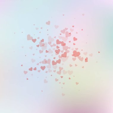 Kırmızı kalp konfetileri sever. Sevgililer Günü patlaması çok değerli bir geçmiş. Gradyan arka planda şeffaf kalp konfetileri düşüyor. Klas vektör illüstrasyonu.