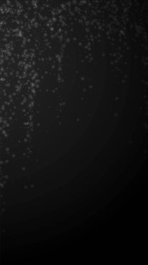 Sihirli yıldızlar Noel arka planı. İnce uçan kar taneleri ve siyah arka plandaki yıldızlar. Canlı canlı gümüş kar tanesi şablonu. Canlı dikey illüstrasyon.