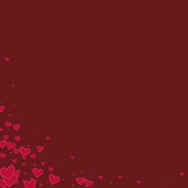 Kırmızı kalp konfetileri sever. Sevgililer Günü 'nün klas bir geçmişi var. Dökülen kağıt kalpler, kestane rengi arka planda konfeti. Büyüleyici vektör çizimi.