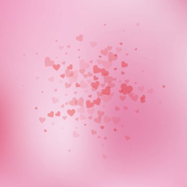 Kırmızı kalp konfetileri sever. Sevgililer Günü patlaması çok canlı bir arka plan. Düşen şeffaf kalp konfetileri göze çarpmıyor. Klas vektör illüstrasyonu.