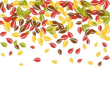 Sonbahar yaprakları dökülüyor. Kırmızı, sarı, yeşil, kaotik yapraklar uçuşuyor. Fantastik beyaz arka planda rengarenk yapraklar. Harika, okul satışına geri döndük..