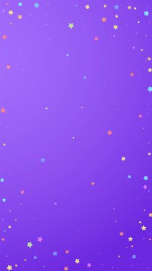 Şenlikli şirin konfeti. Kutlama yıldızları. Menekşe arkaplanda rastgele seçilmiş renkli yıldızlar. Büyüleyici bir şablon. Dikey vektör arkaplanı.