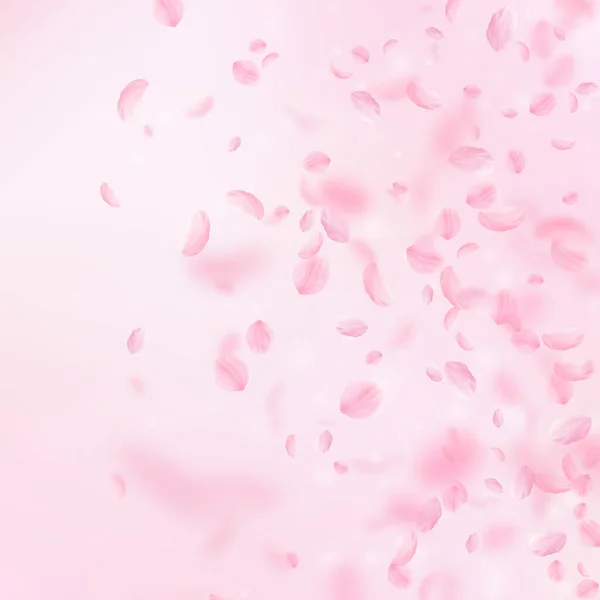桜の花びらが落ちています ロマンチックなピンクの花のグラデーション ピンクの正方形の背景に花びらを飛んでいます ロマンス概念 対称的な結婚式招待状 — ストック写真