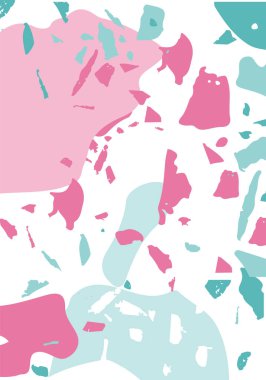 Terrazzo modern soyut şablon. Klasik İtalyan döşemesinin pembe ve mavi dokusu. Taşlardan, granitten, kuvarstan, mermerden, betondan yapılmış arka plan. Venedik terrazzo trend vektör arkaplanı