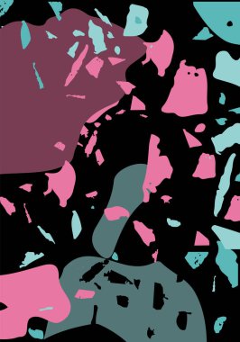 Terrazzo modern soyut şablon. Klasik İtalyan döşemesinin siyah, yeşil ve pembe dokusu. Venedik terrazzo trend vektör arka planı Taşlardan, granitten, kuvarstan, mermerden, betondan yapılmış. 