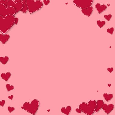 Kırmızı kalp konfetileri sever. Sevgililer günü vignette modern arka plan. Pembe arka planda düşmüş kağıt kalpler konfetisi. Olağanüstü vektör illüstrasyonu.