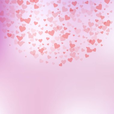 Kırmızı kalp konfetileri sever. Sevgililer Günü yarım daire harika bir geçmiş. Şeffaf kalp konfetileri yumuşak arka planda. Göz kamaştırıcı vektör illüstrasyonu.