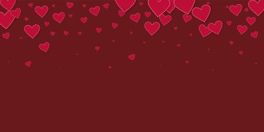 Kırmızı kalp konfetileri sever. Sevgililer Günü gradyanı inanılmaz. Dökülen kağıt kalpler, kestane rengi arka planda konfeti. Olağanüstü vektör illüstrasyonu.