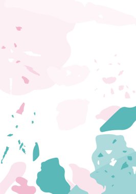 Terrazzo modern soyut şablon. Klasik İtalyan döşemesinin pembe ve mavi dokusu. Taşlardan, granitten, kuvarstan, mermerden, betondan yapılmış arka plan. Venedik terrazzo trend vektör arkaplanı