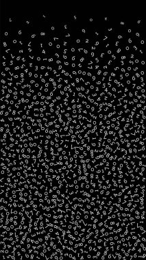 Düşen sayılar, büyük veri konsepti. İkili beyaz rastgele uçan parmaklar. Siyah arka planda değerli fütürist afiş. Düşen sayılarla dijital vektör illüstrasyonu.