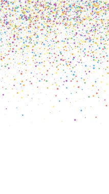 Şen şakrak konfeti. Kutlama yıldızları. Beyaz arka planda çocuksu parlak yıldızlar. Büyük şablon şablonu. Dikey vektör arkaplanı.