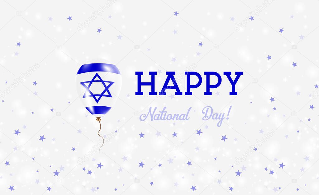 Israel National Day patriotic poster. Flying Rubber Balloon in Colors of the Israeli Flag. Israel National Day background with Balloon, Confetti, Stars, Bokeh and Sparkles.