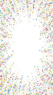 Şenlikli çekici konfeti. Kutlama yıldızları. Beyaz arka planda gökkuşağı konfetisi. Uygun bir şablon. Dikey vektör arkaplanı.