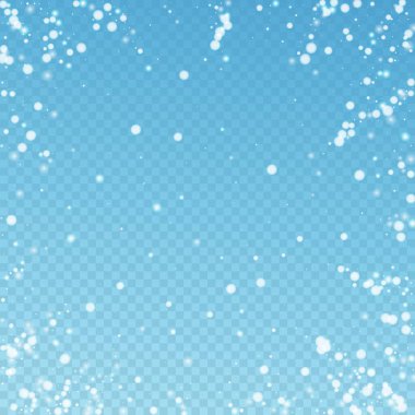 Güzel düşen kar, Noel arkaplanı. İnce uçan kar taneleri ve mavi şeffaf arkaplanda yıldızlar. İnanılmaz kış gümüşü kar taneleri şablonu örtüyor. Kusursuz vektör çizimi.