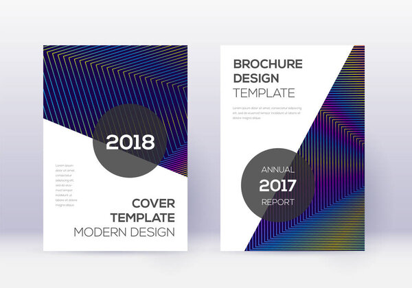 Modern cover design template set. Rainbow abstract lines on dark blue background. Fabulous cover design. Beauteous catalog, poster, book template etc.