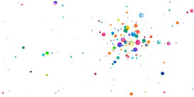 Beyaz arka planda suluboya konfeti. Canlı gökkuşağı renkli noktalar. Rengarenk parlak kartın kutlu olsun. Elle boyanmış konfeti..