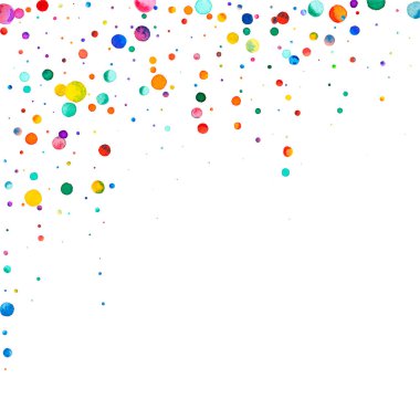 Beyaz arka planda suluboya konfeti. Gerçek gökkuşağı renkli noktalar. Mutlu kare renkli parlak kartlar. Göz kamaştırıcı el boyaması konfeti.