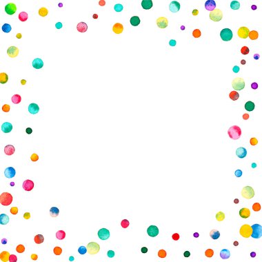 Beyaz arka planda suluboya konfeti. Gerçek gökkuşağı renkli noktalar. Mutlu kare renkli parlak kartlar. Popüler elle boyanmış konfeti..