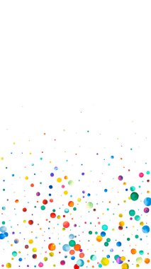 Beyaz arka planda suluboya konfeti. Çekici gökkuşağı renkli noktalar. Mutlu kutlamalar yüksek renkli parlak kart. Göz kamaştırıcı el boyaması konfeti.