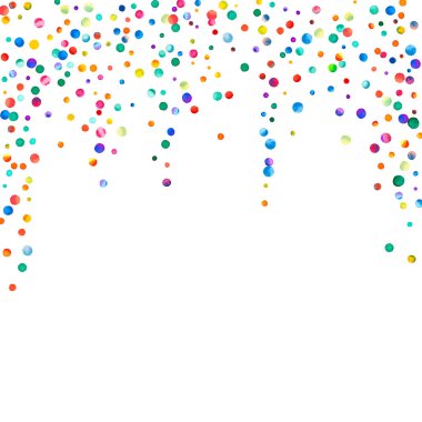 Beyaz arka planda suluboya konfeti. Takdire şayan gökkuşağı renkli noktalar. Mutlu kare renkli parlak kartlar. Egzotik el boyalı konfeti..