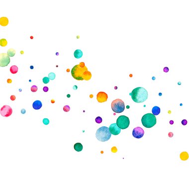 Beyaz arka planda suluboya konfeti. Gerçek gökkuşağı renkli noktalar. Mutlu kare renkli parlak kartlar. Süslü el boyalı konfeti..