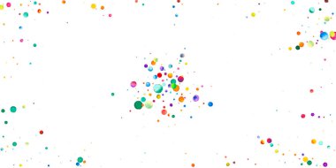 Beyaz arka planda suluboya konfeti. Canlı gökkuşağı renkli noktalar. Rengarenk parlak kartın kutlu olsun. Muhteşem bir el boyaması konfeti.