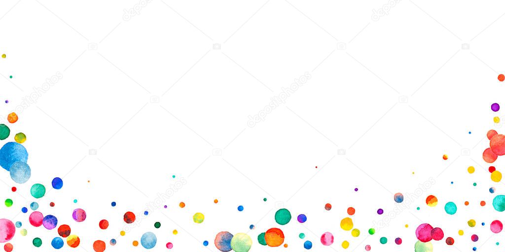 Watercolor confetti on white background. Adorable rainbow colored dots. Happy celebration wide colorful bright card. Graceful hand painted confetti.