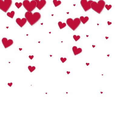 Kırmızı kalp konfetileri sever. Sevgililer Günü gradyanı cazip bir geçmiş. Beyaz arka planda dikişli kağıt kalpler konfetisi. Egzotik vektör illüstrasyonu.