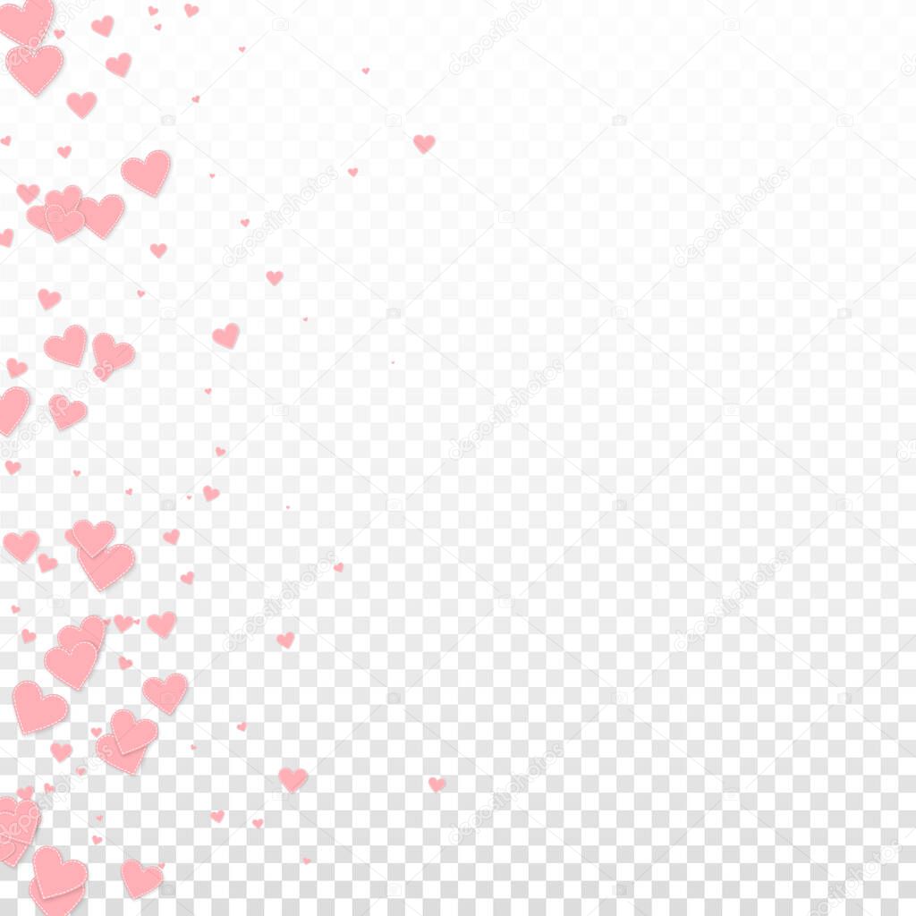 Pink heart love confettis. Valentine's day gradient rare background. Falling stitched paper hearts confetti on transparent background. Exceptional vector illustration.