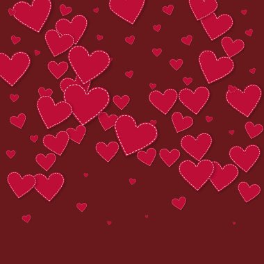 Kırmızı kalp konfetileri sever. Sevgililer Günü gradyanı harika bir arka plan. Dökülen kağıt kalpler, kestane rengi arka planda konfeti. Şirin vektör illüstrasyonu.