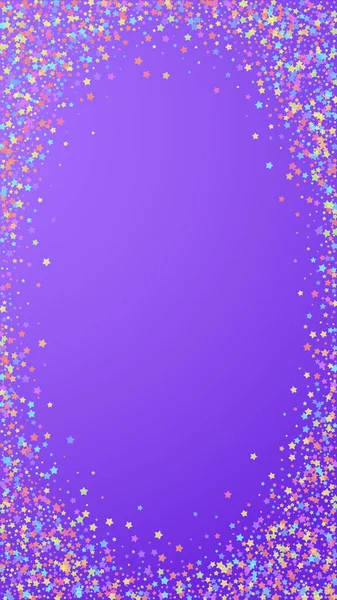 Festlich Saftige Konfetti Feierstars Bunte Sterne Dicht Auf Violettem Hintergrund — Stockvektor