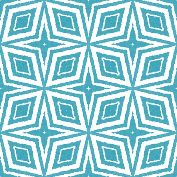 Striped hand drawn pattern. Turquoise symmetrical kaleidoscope background. Repeating striped hand drawn tile. Textile ready bizarre print, swimwear fabric, wallpaper, wrapping.