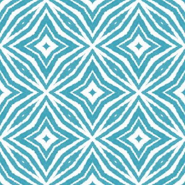 Geometrik dikişsiz desen. Turkuaz simetrik kaleydoskop arka planı. Tekstil baskıya hazır, mayo kumaş, duvar kağıdı, ambalaj. El çizimi geometrik kusursuz tasarım.
