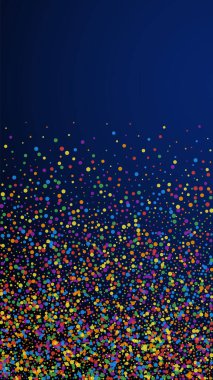 Muhteşem şenlik konfetileri. Kutlama yıldızları. Koyu mavi arka planda neşeli bir konfeti. Zarif bir şablon. Dikey vektör arkaplanı.