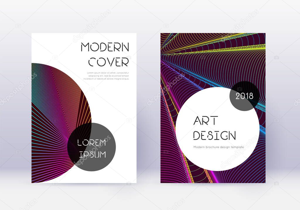 Trendy cover design template set. Rainbow abstract lines on wine red background. Grand cover design. Comely catalog, poster, book template etc.