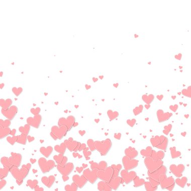 Pembe kalp aşk konfetileri. Sevgililer Günü 'nde yağan yağmur yaratıcı bir arka plan. Beyaz arka planda dikişli kağıt kalpler konfetisi. Yaratıcı vektör illüstrasyonu.