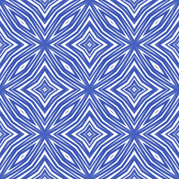 Striped hand drawn pattern. Indigo symmetrical kaleidoscope background. Textile ready astonishing print, swimwear fabric, wallpaper, wrapping. Repeating striped hand drawn tile.