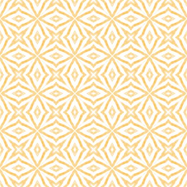 Mozaik kusursuz desen. Sarı simetrik kaleydoskop arka planı. Tekstil hazır manyetik baskı, mayo kumaş, duvar kağıdı, ambalaj. Retro mozaik pürüzsüz tasarım.