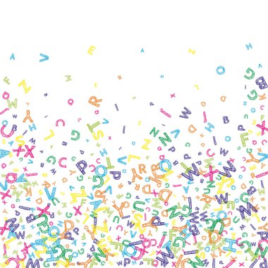 İngilizce 'nin harfleri düşüyor. Latin alfabesinin renkli, dağınık, uçan kelimeleri. Yabancı diller öğrenim kavramı. Takdire şayan beyaz arka planda okul afişi.