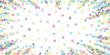 İngilizce 'nin harfleri düşüyor. Latin alfabesinin renkli çizimleri. Yabancı diller öğrenim kavramı. Beyaz arkaplanda okul afişine uygun.