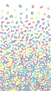 Falling colorful sketch numbers. Math study concept with flying digits. Overwhelming back to school mathematics banner on white background. Falling numbers vector illustration.