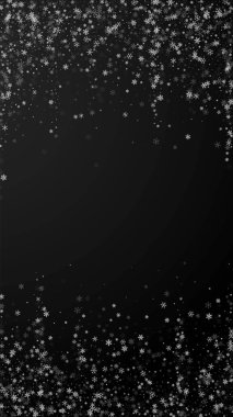 Güzel kar yağışı Noel arkaplanı. İnce uçan kar taneleri ve siyah arka plandaki yıldızlar. Kış gümüşi kar taneleri şablonları örtüyor. Muhteşem dikey çizim.