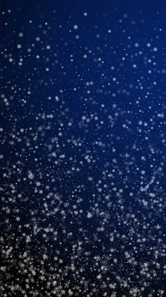 Mooie Sneeuwval Kerst Achtergrond Subtiele Vliegende Sneeuwvlokken Sterren Donkerblauwe Achtergrond — Stockvector
