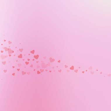 Kırmızı kalp konfetileri sever. Sevgililer Günü kuyruklu yıldızı olağanüstü bir geçmişe sahip. Gradyan arka planda şeffaf kalp konfetileri düşüyor. Hassas vektör illüstrasyonu.